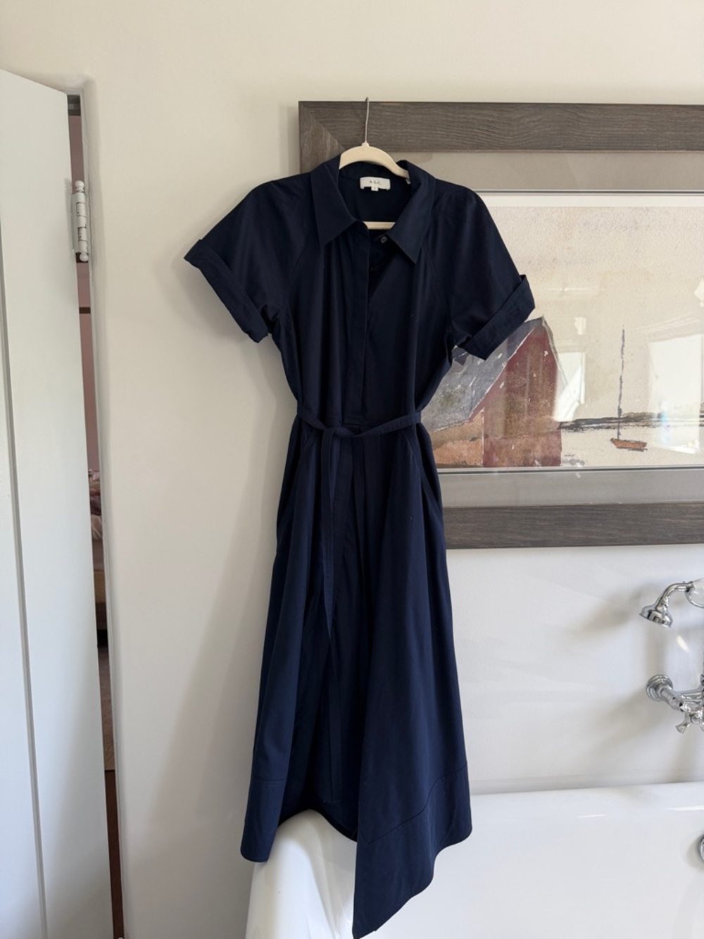 A.L.C. Navy Midi Shirt Dress with Waist Tie